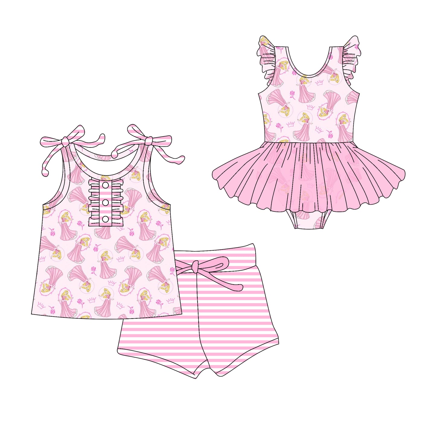 Preorder moq 5 Custom Baby Girls Pink Strap Princess Floral Button Top Stripe Short Set Skort Bummise Romper