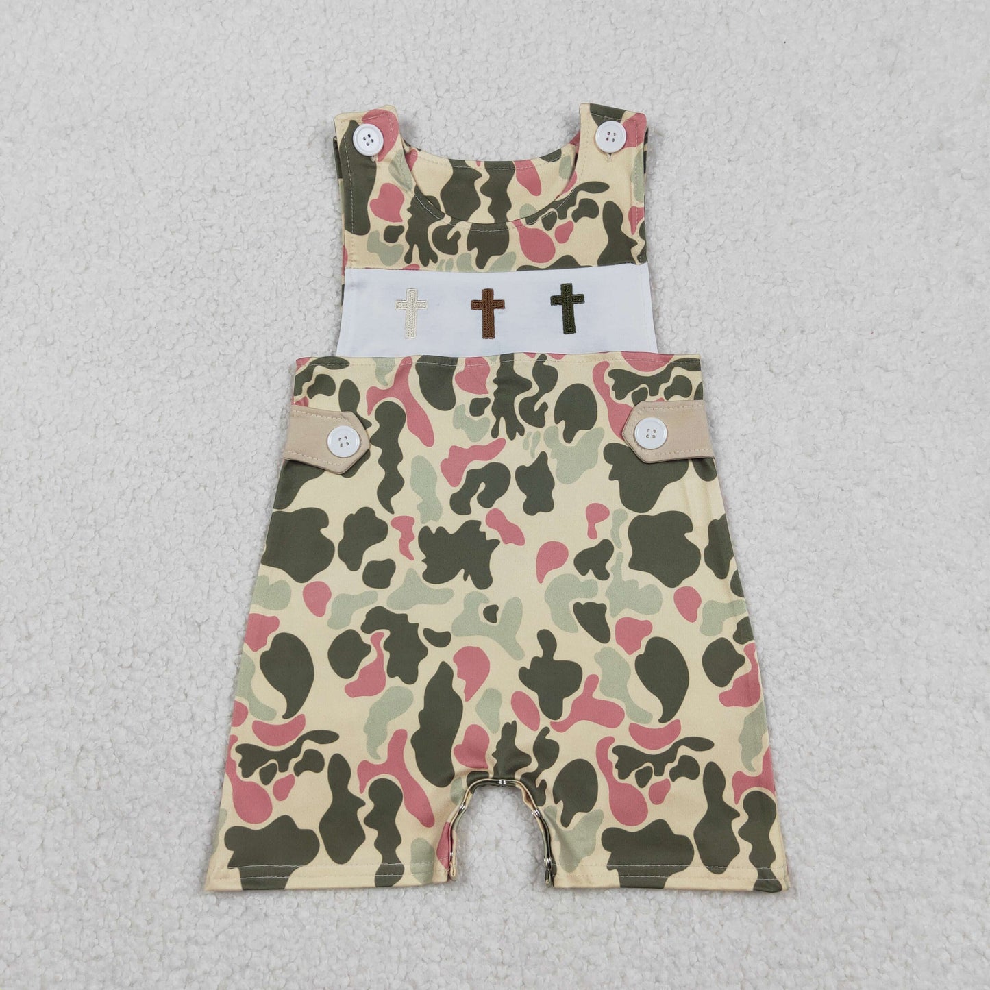 Embroidery Crosses Baby Boys Camo Easter Shorts Rompers