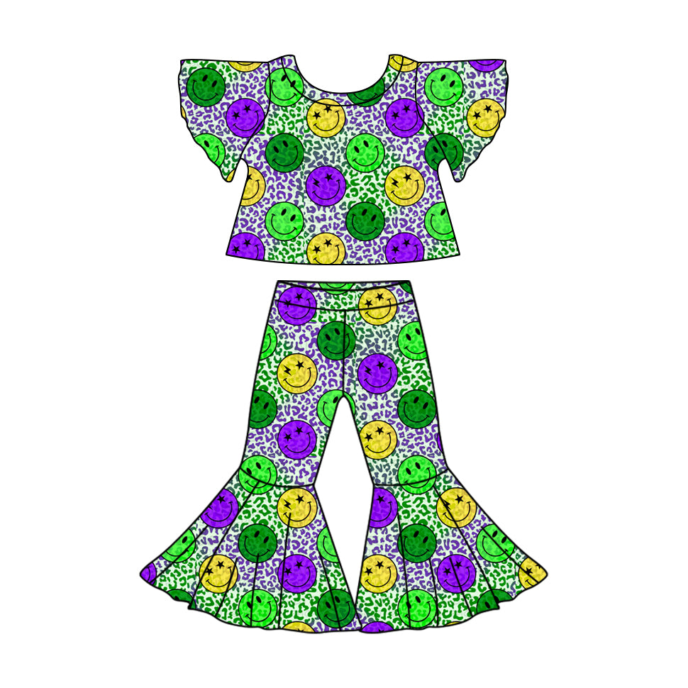 Preorder (moq 5)Baby Girls Mardi Gras Smile Top Bell Bottom Pants Clothes Sets