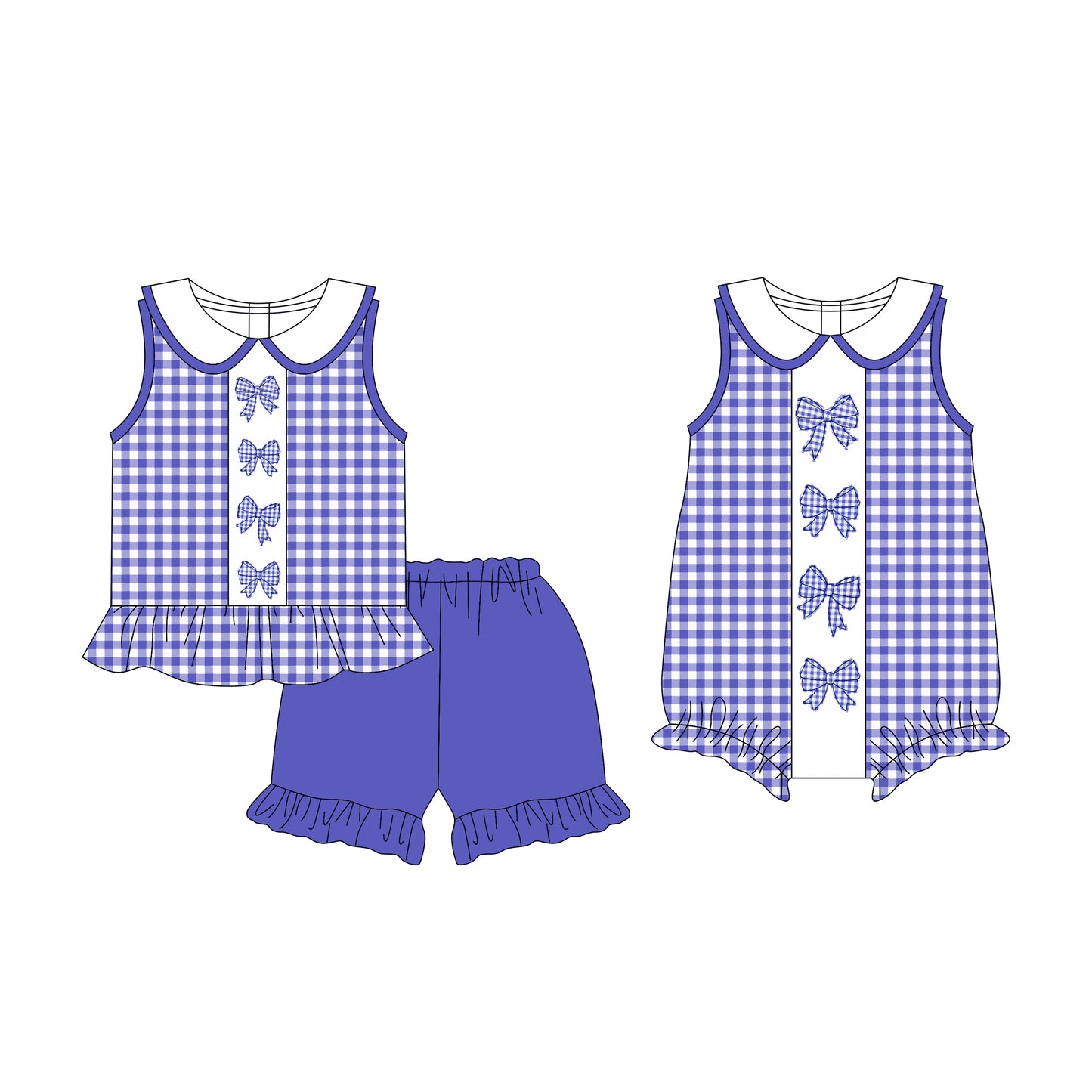 Preorder moq 5 Custom Baby Girls Purple Plaid Sleeveless Bows Tunic Ruffle Short Set Rompers