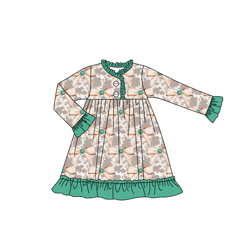 Preorder (moq 5)Baby Girls Long Sleeves Button Cow Print Bows Ruffle Knee Length Dresses
