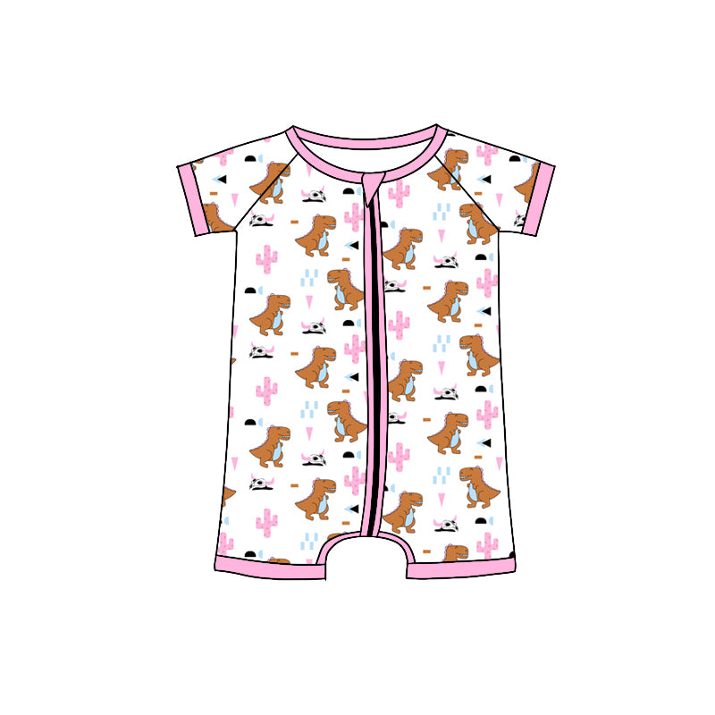 Preorder(moq 5)Baby Infant Girls Pink Dinosaurs Cactus Zip Summer Rompers