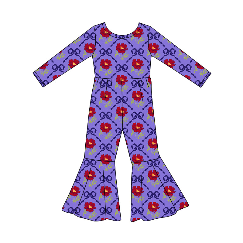 Preorder (moq 5)Baby Girls Long Sleeve Bows Flowers Checked Bell Bottom Jumpsuits