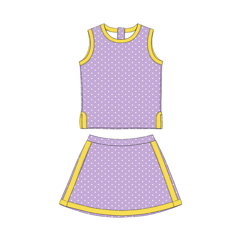 Preorder (moq 5) Girls’ Purple & White Polka Dot Color-Block Sleeveless Tank Top & Skirt 2-Piece Set