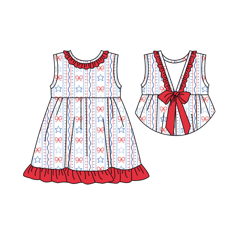 Preorder moq 5 Baby Girls Sleeveless Red Blue Bows Stars 4th Of July Knee Length Dress