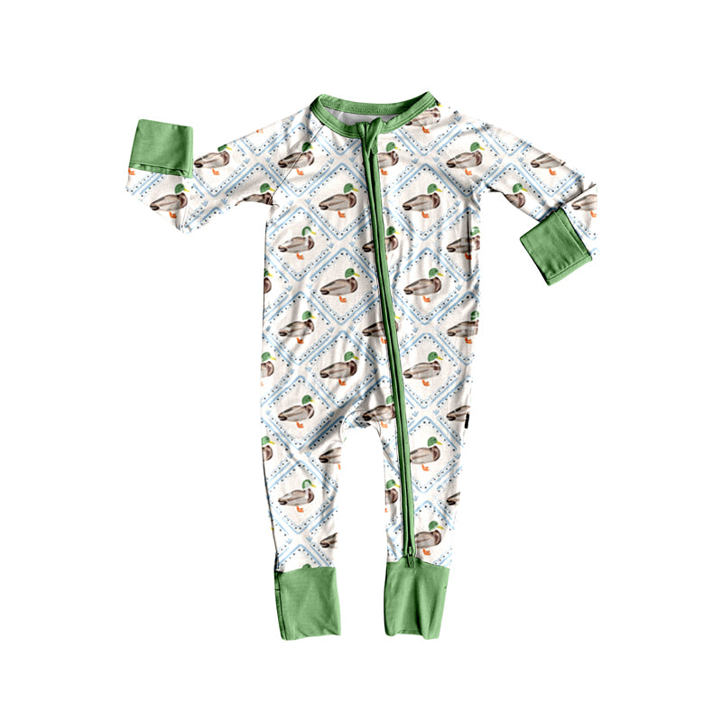 Preorder (moq 5)Baby Girls Long Sleeves Green Ducks Plaid Zipper Rompers