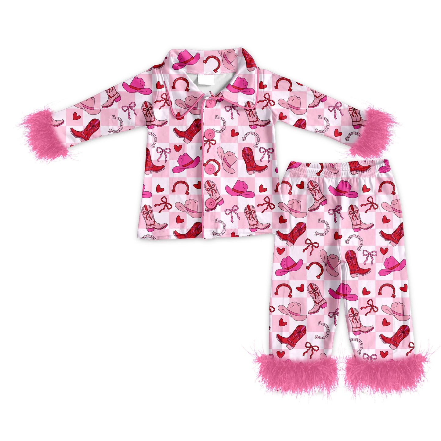 Preorder (moq 5)Baby Girls Boot Hearts Checked Button Top Pants Western Fur Sleeve Pajamas Sets