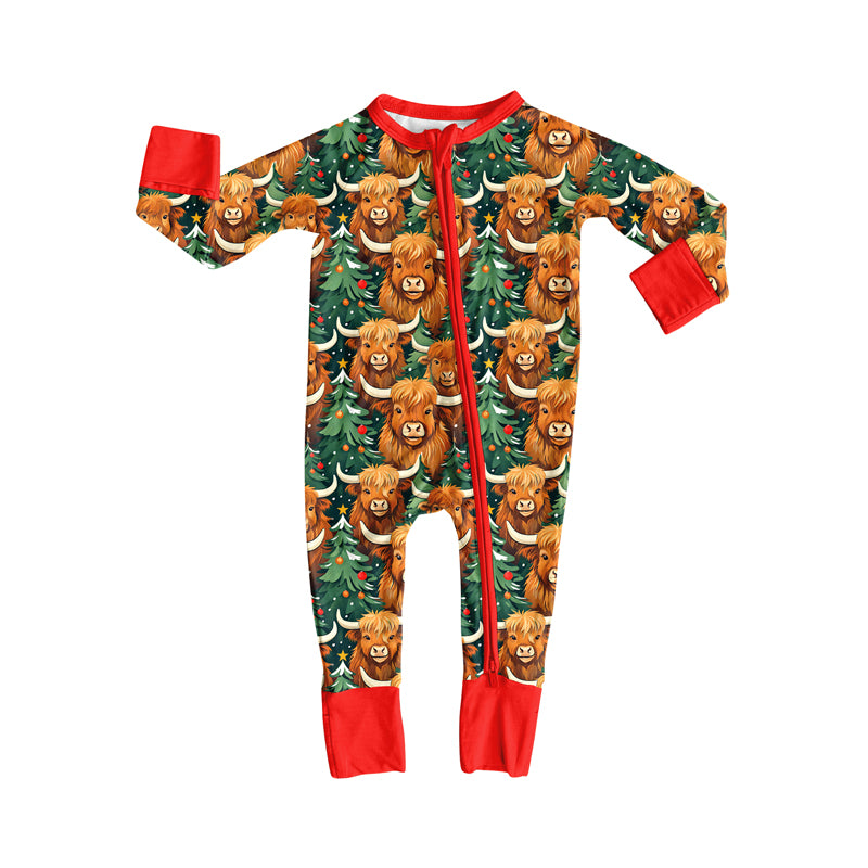 Preorder(moq 5)Baby Infant Boys Long Sleeves Highland Cows Christmas Trees Zipper Rompers