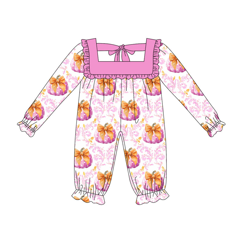 Preorder (moq 5)Baby Girls Long Sleeves Pink Floral Pumpkins Ruffle Pant Rompers