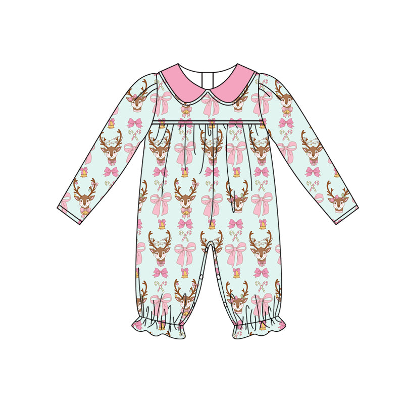 Preorder (moq 5)Baby Girls Long Sleeves Bows Deer Candy Cane Plaid Ruffle Pant Romper