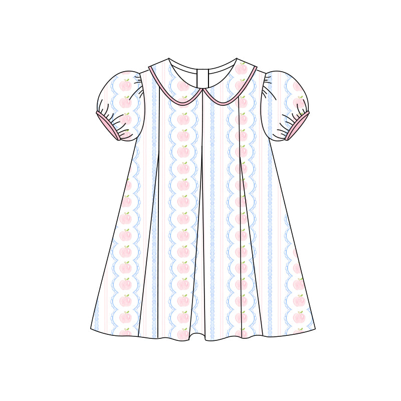 Preorder (moq 5)Baby Girls Short Ruffle Sleeves Apples Stripe Knee Length Dress