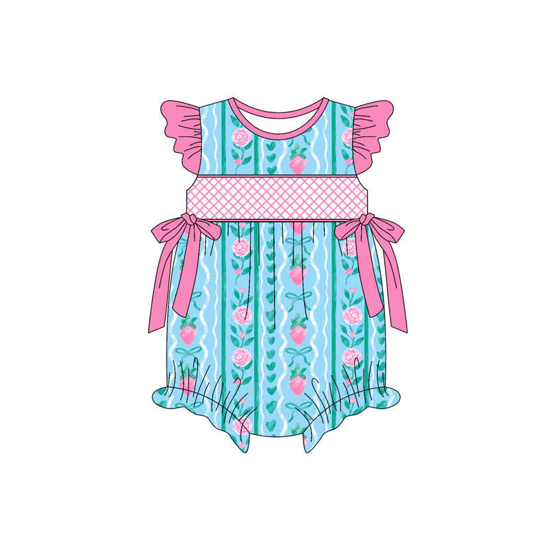 Preorder moq 5 Baby Girls Pink Flutter Sleeves Bows Floral Stripe Ruffle Rompers