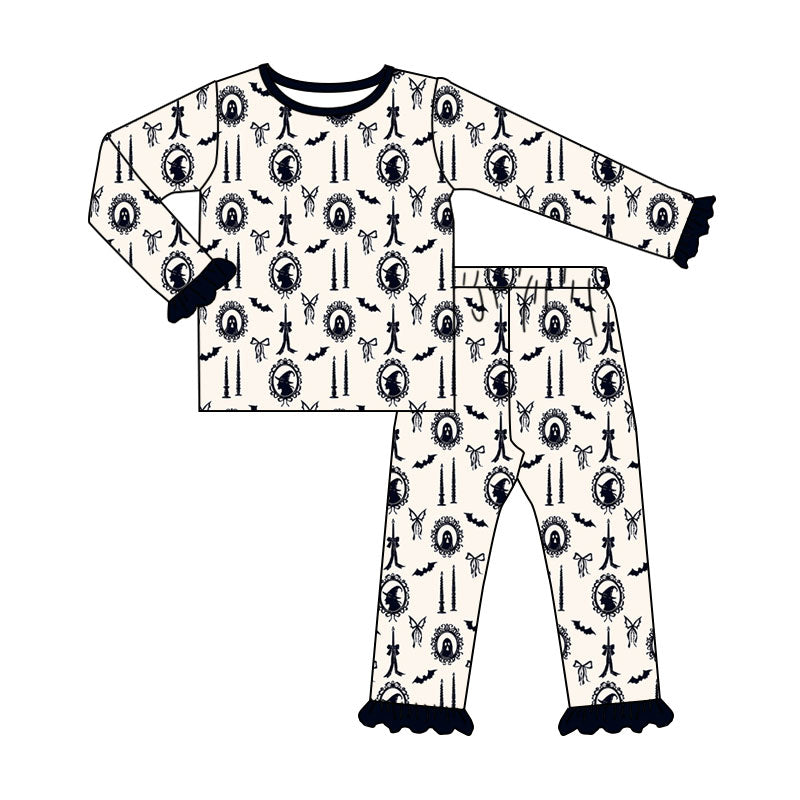Preorder (moq 5)Baby Girls Ghosts Bows Top Ruffle Pant Halloween Pajamas Set