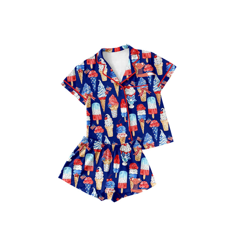 Preorder (moq 5)Baby Girls Hot Blue Short Sleeves Popsicle Button Pocket Top Short Pajamas Set Preorder