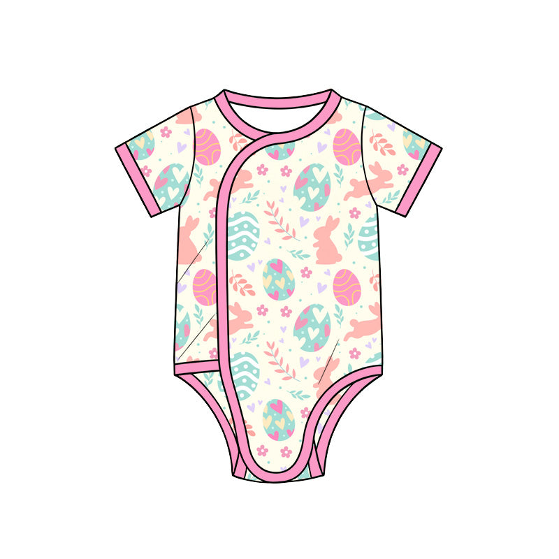 Preorder (moq 5) Baby Girl Clothes Pastel Easter Bunny Egg Heart Mixed Print Short Sleeve Side Snap Baby Bodysuit >