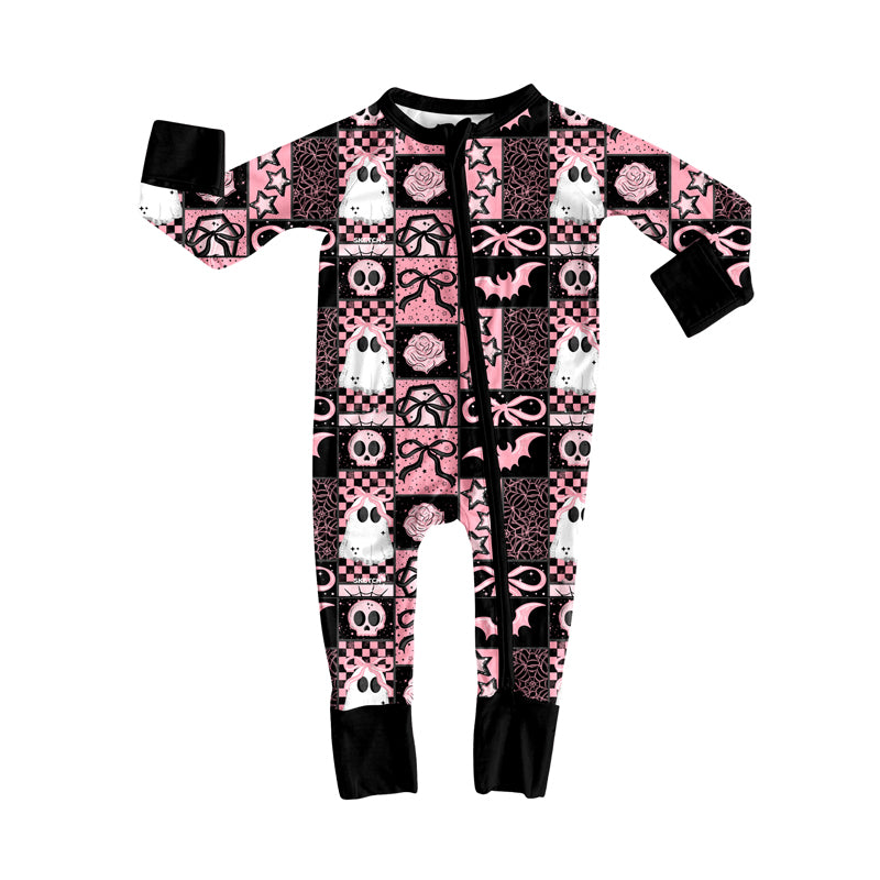 Preorder(moq 5)Baby Infant Boys Long Sleeves Ghost Bows Plaid Halloween Zipper Rompers
