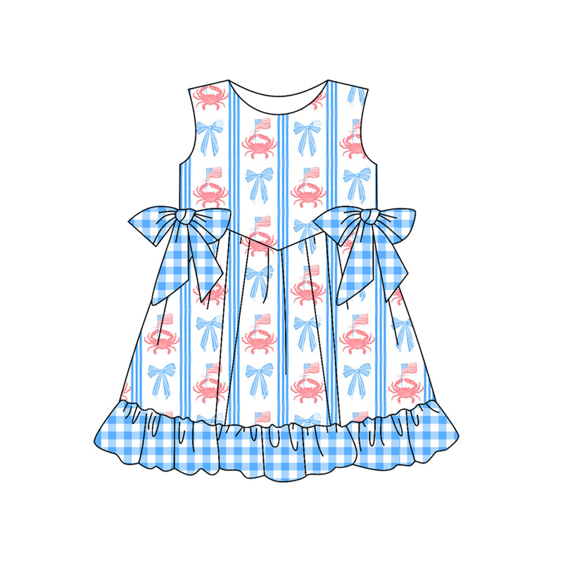 Preorder moq 5 Baby Girls Sleeveless Blue Bows Crab Flags 4th Of July Knee Length Dress