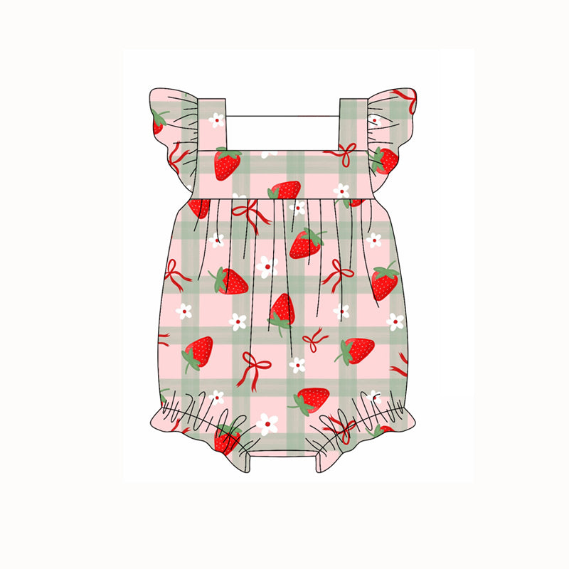 Preorder moq 5 Baby Girls Flutter Sleeves Red Bows Strawberry Ruffle Rompers