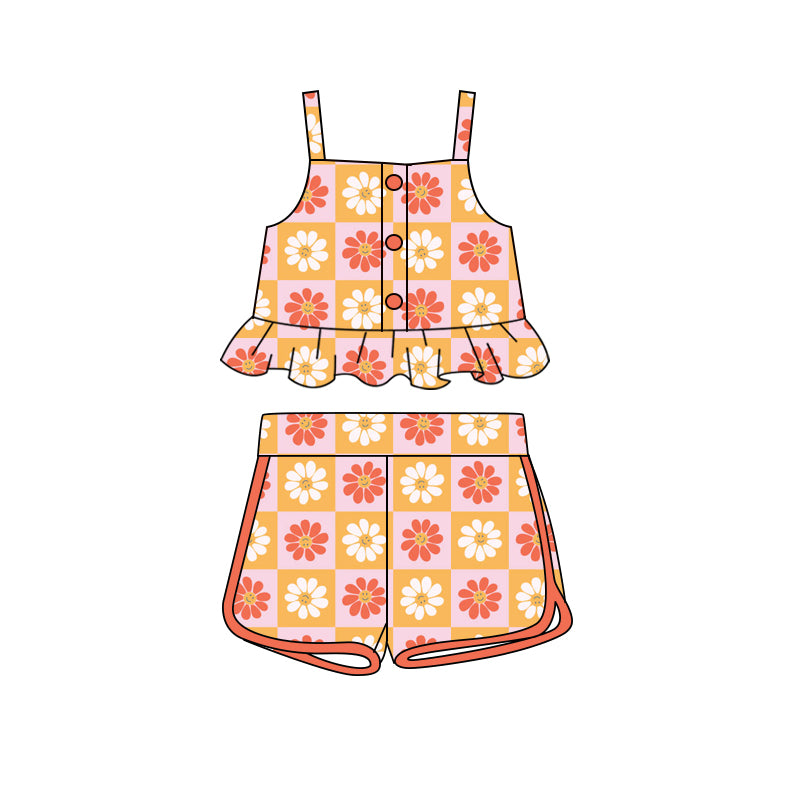 Preorder (moq 5)Baby Girls Flowers Smile Straps Top Shorts Clothes Sets