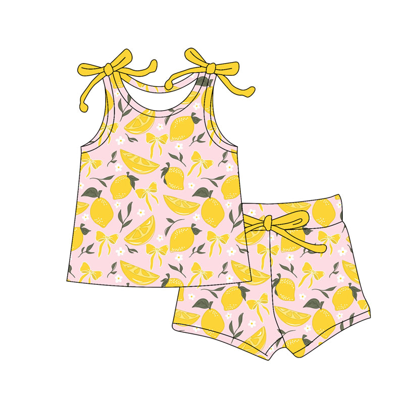 Preorder moq 5 Baby Girls Bows Sleeveless Bows Lemons Top Short Set