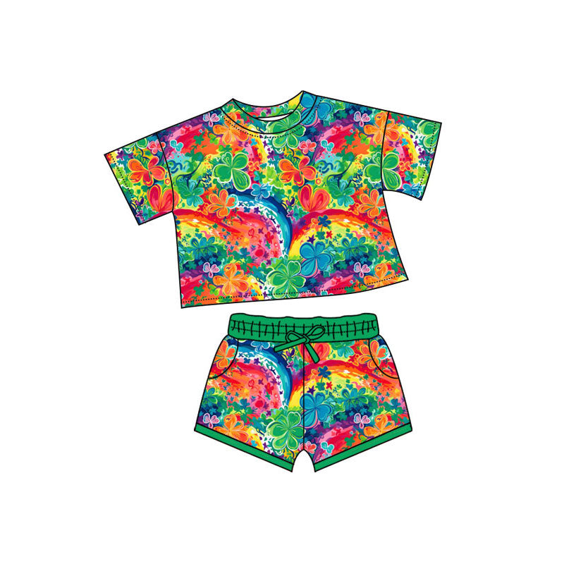 Preorder(moq 5) Baby Girls Colorful Clovers Flowers Top Pockets Shorts St Patrick Clothes Sets