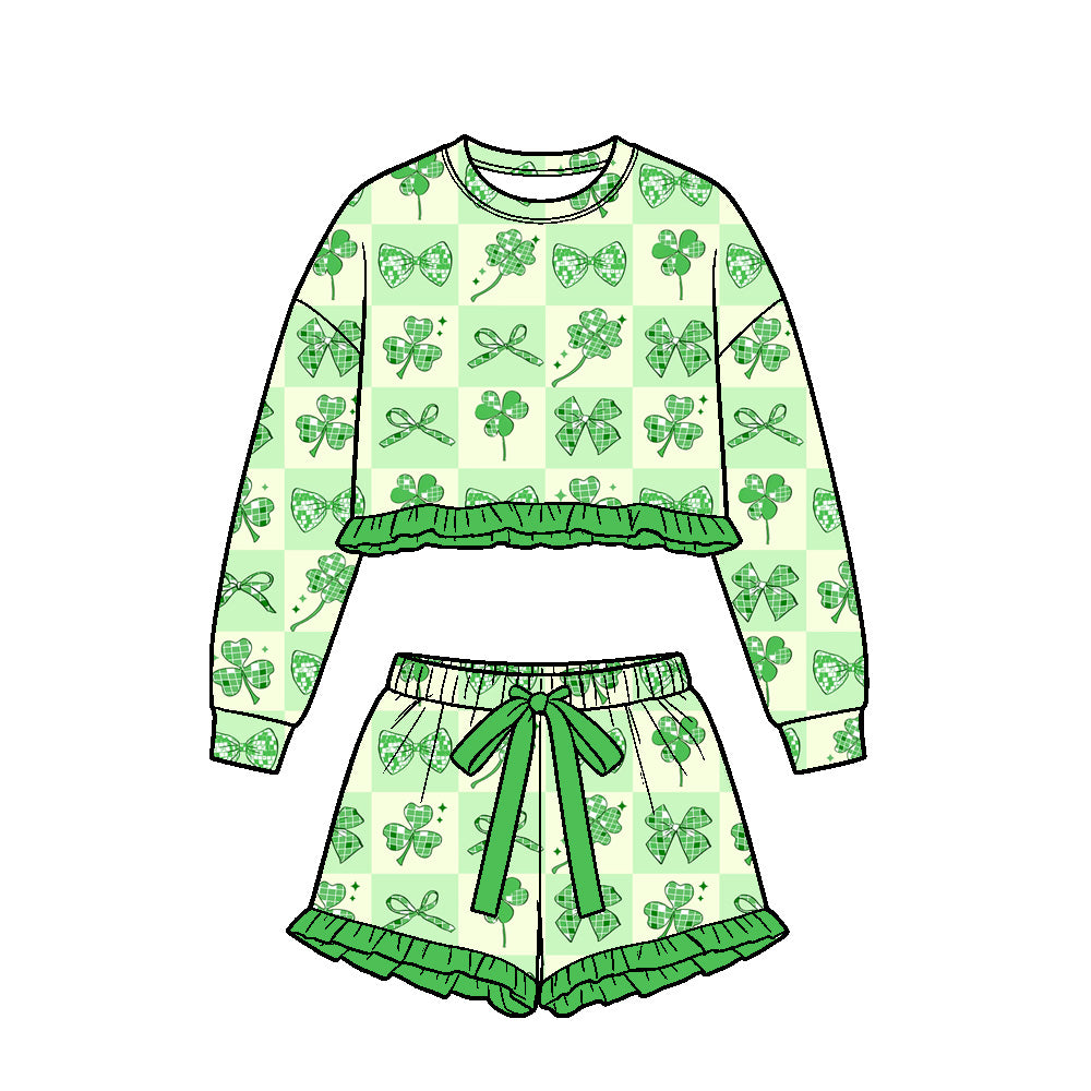 Preorder (moq5) Baby Girls Clovers Bows Checked Long Sleeve Top Ruffle Short St Patrick Clothes Set