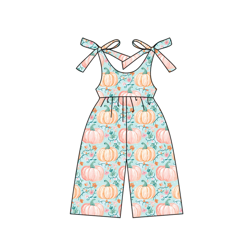 Preorder (moq 5)Baby Girls Bows Sleeveless Blue Flowers Pumpkins Pant Jumpsuits