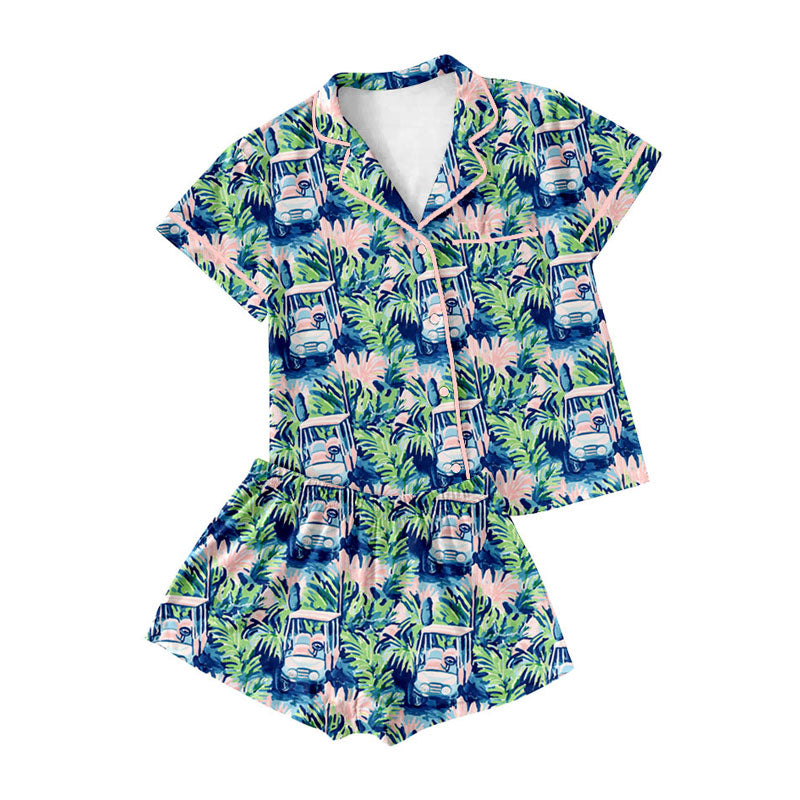 Preorder moq 5 Adult Women Plants Trucks Button Pockets Top Shorts Pajamas Sets