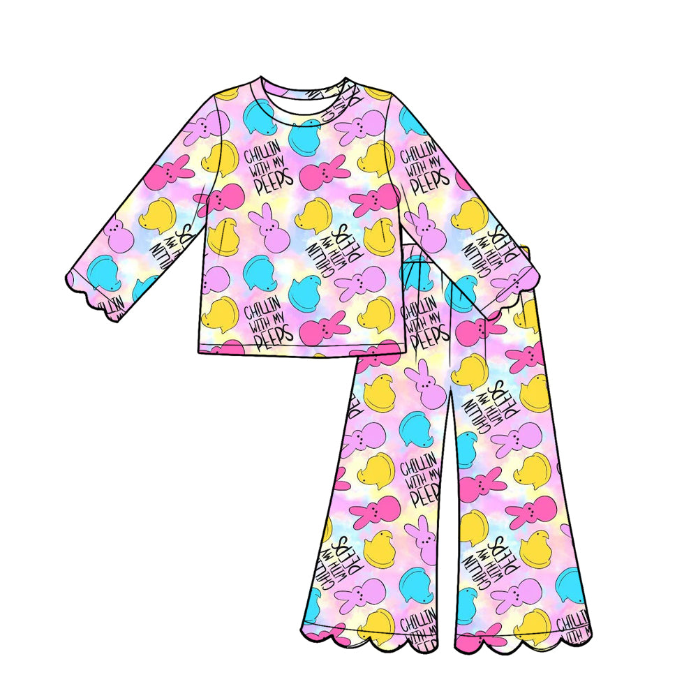 Preorder (moq 5) Baby Girl Clothes Easter Tie‑Dye Chillin With My Peeps Print Long‑Sleeve Top Scalloped Flare Pants Set