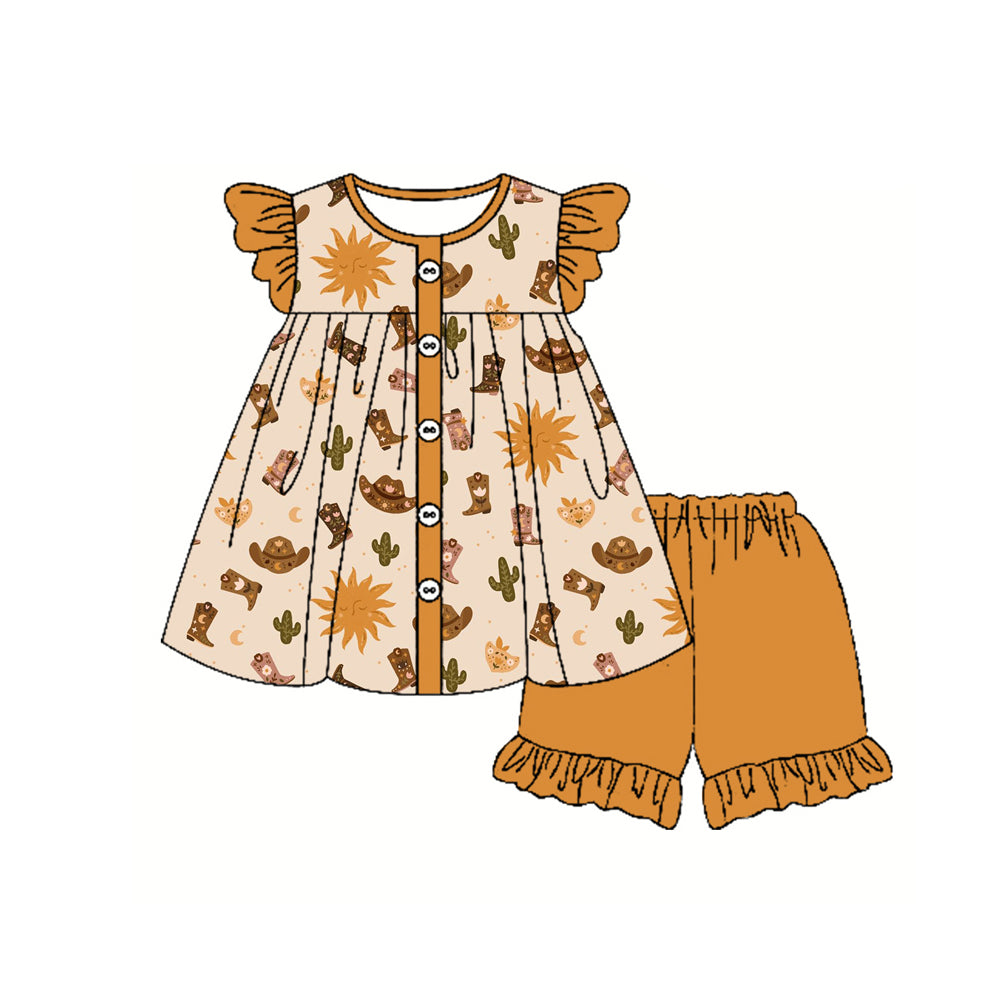 Preorder moq 5 Baby Girls Orange Flutter Sleeves Button Cactus Boots Tunic Ruffle Short Set