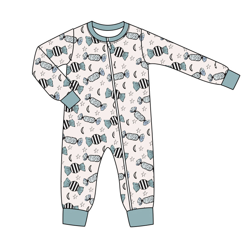 Preorder (moq 5)Baby Boys Long Sleeves Blue Candy Stars Plaid Zipper Pant Rompers