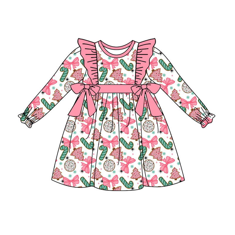 Preorder moq 5 Baby Girls Long Ruffle Sleeves Candy Cane Pink Bows Knee Length Dresses