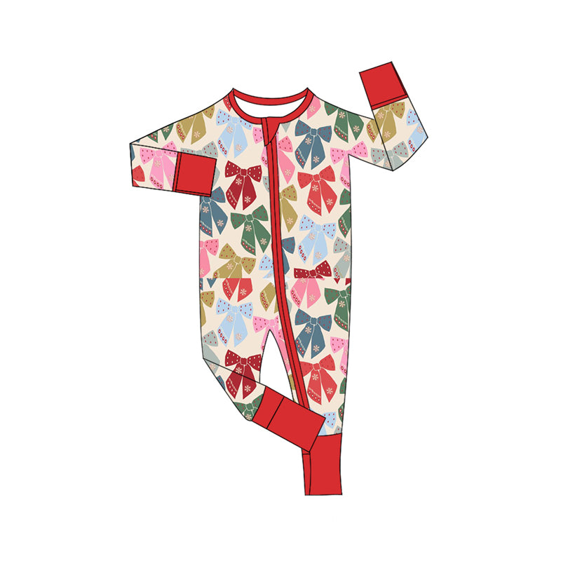 Preorder (moq 5)Baby Girls Long Sleeves Colorful Snowflake Bows Plaid Zipper Romper