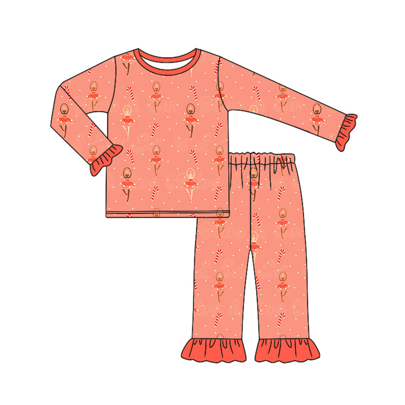 Preorder (moq 5)Baby Girls Long Ruffle Sleeves Candy Cane Dancers Top Pant Pajamas Sets