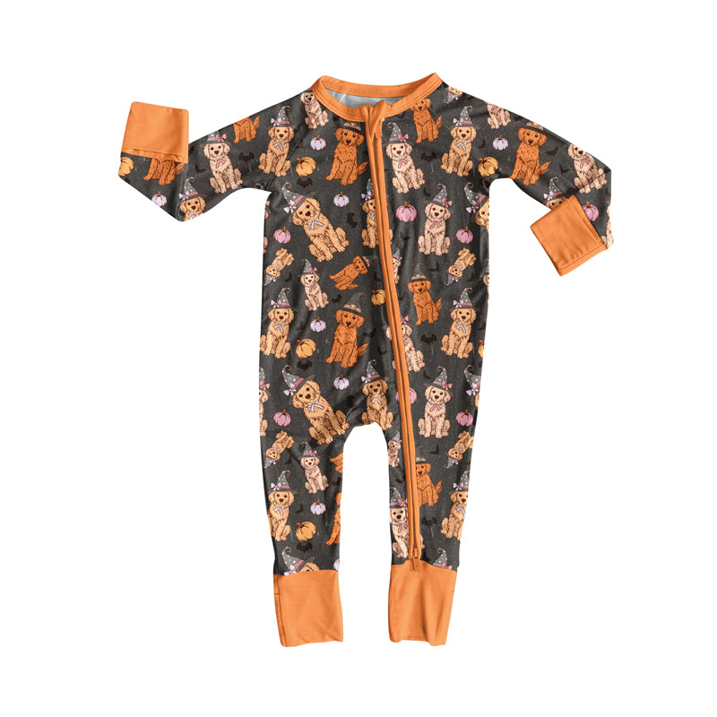 Preorder (moq 5)Baby Boys Orange Long Sleeves Dogs Pumpkins Zipper Pant Rompers