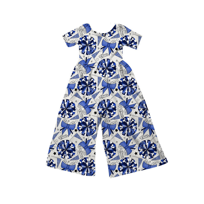 Preorder(moq 8)Baby Girls Hot Blue Bows Go Footballs Short Sleeve Team Pant Jumpsuits