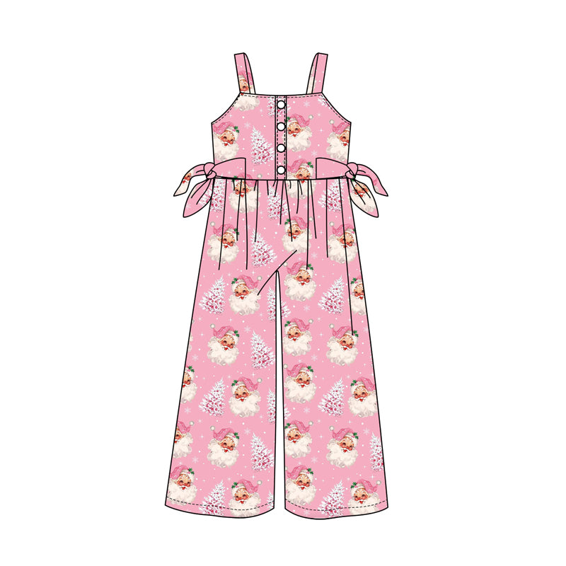 Preorder (moq 5)Baby Girls Pink Strap Trees Santa Plaid Bows Button Pants Jumpsuits