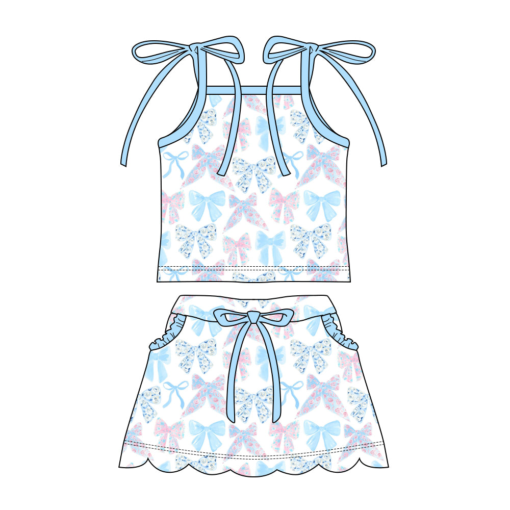 Preorder moq 5 Baby Girls Strap Colorful Floral Bows Top Pockets Scallop Skirt Short Clothes Sets