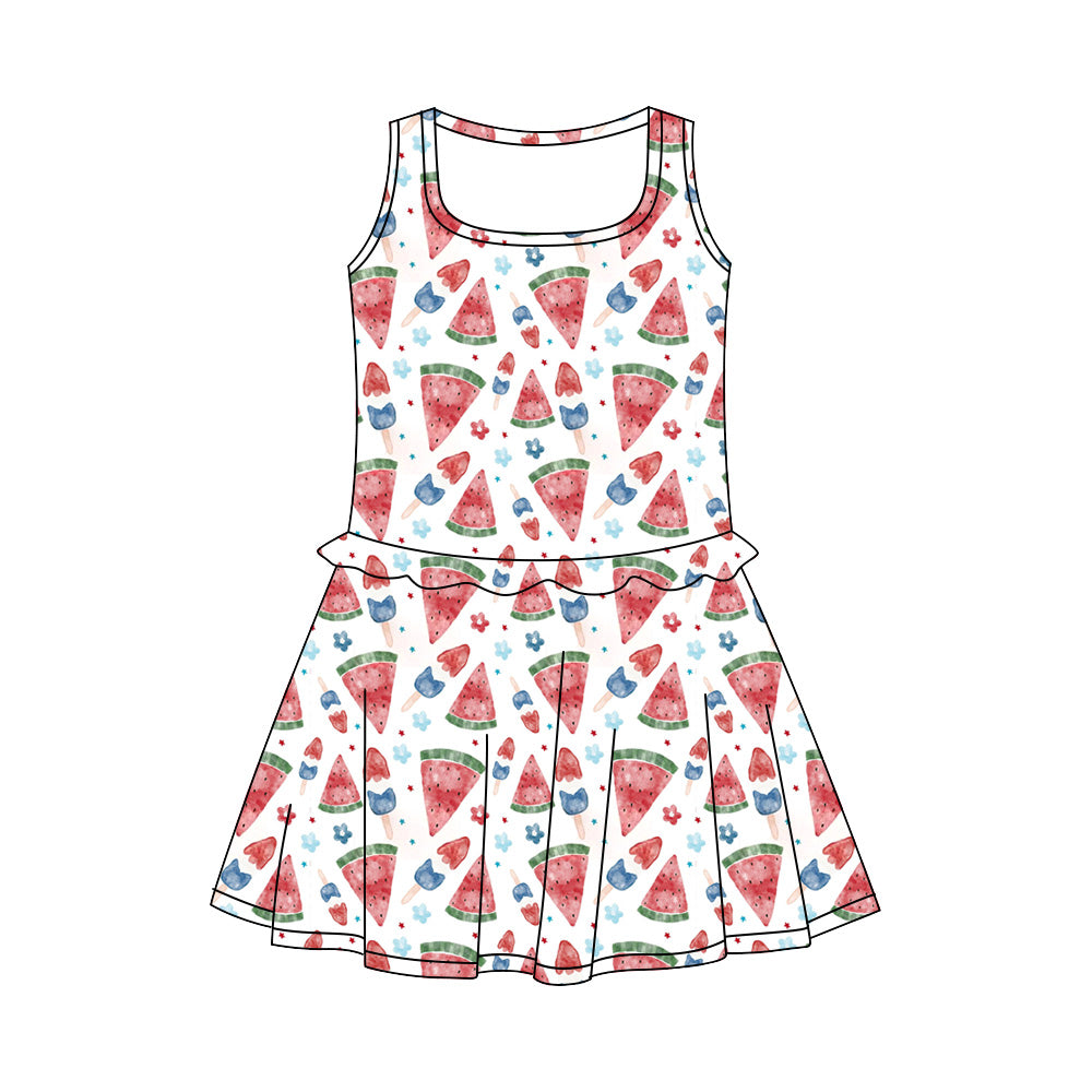 Preorder (moq 5)Baby Girls Flowers Popsicle 4th of July Knee Length Dresses