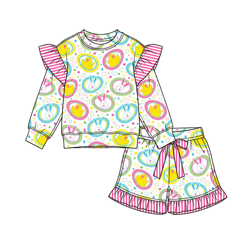 Preorder (moq 5) Baby Girl Clothes Easter Bunny Chick Circle Print Long Sleeve Ruffle Top Ruffle Short Set