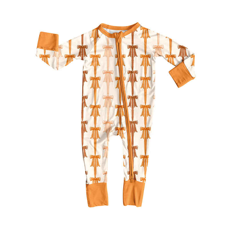 Preorder moq 5 Baby Infant Girls Long Sleeves Orange Bows Stripes Zipper Romper