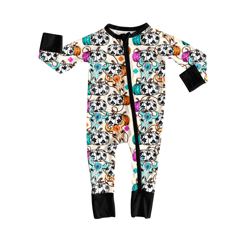 Preorder moq 5 Baby Infant Girls Long Sleeves Cow Print Pumpkins Aztec Zipper Romper