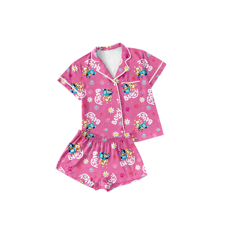 Preorder (moq 5)Baby Girls Hot Pink Cartoon Dogs Paws Buttons Pocket Top Shorts Pajamas Sets