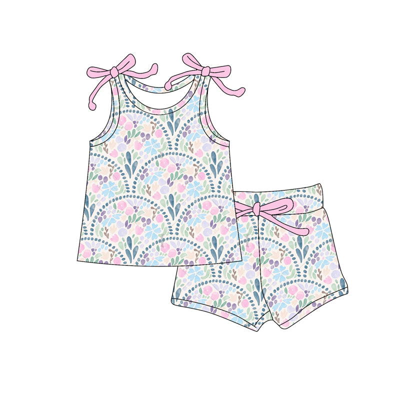 Preorder (moq 5)Baby Girls Bows Sleeveless Colorful Sea Plant Top Shorts With Belt Set