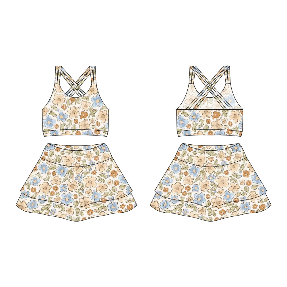 Preorder moq 10 Baby Girls Strap Khaki Blue Flowers Activity Wear Vests Top Short Skirts Yoga Set