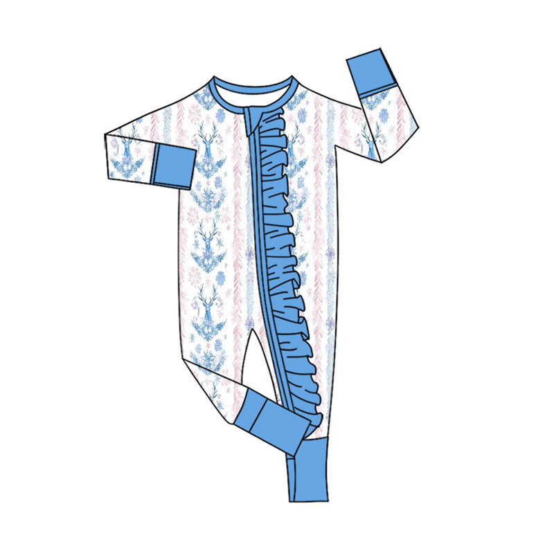 Preorder (moq 5) Baby Girl Clothes Blue Deer Floral Mixed Print Long Sleeve Zipper Ruffle Romper