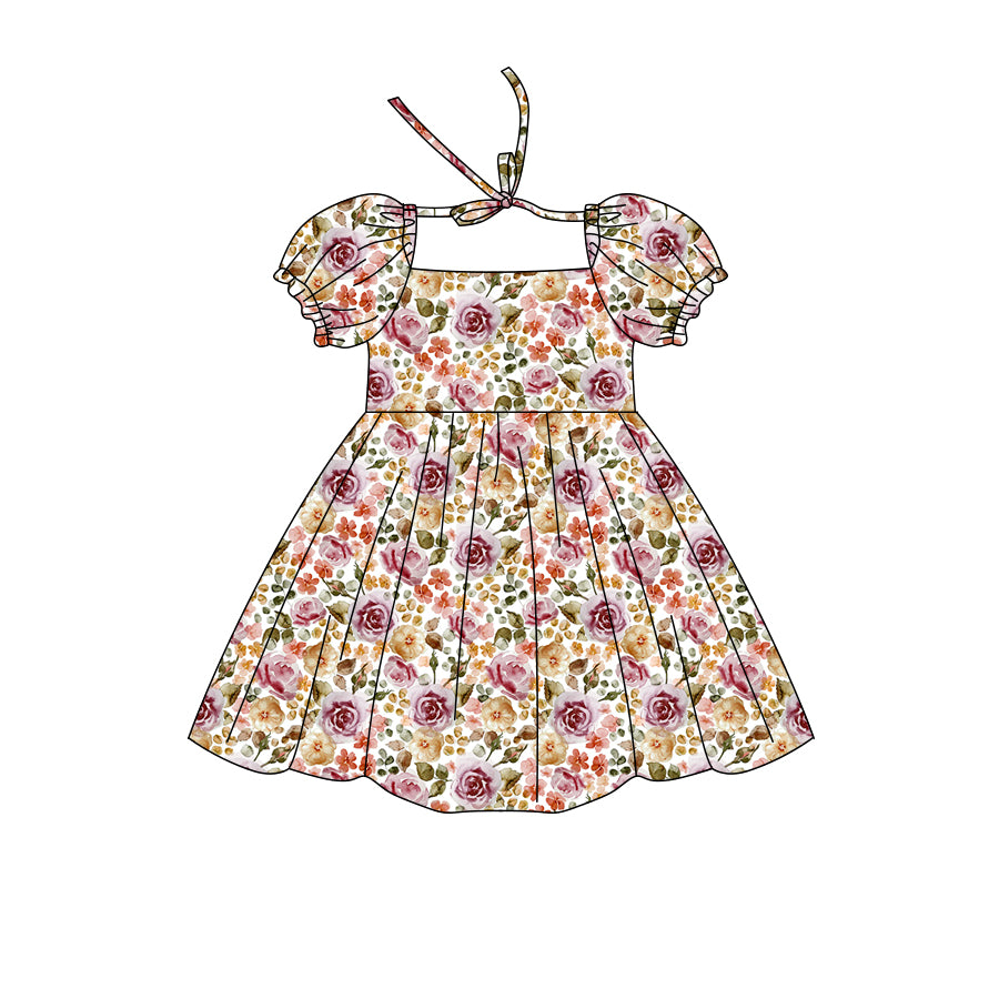 Preorder (moq 5)Baby Girls Short Ruffle Sleeve Colorful Floral Knee Length Dresses