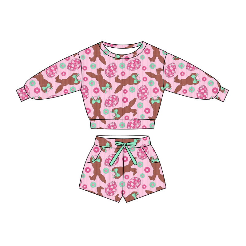 Preorder (moq 5)Baby Girls Eggs Rabbits Flowers Top Pockets Shorts Easter Clothes Sets