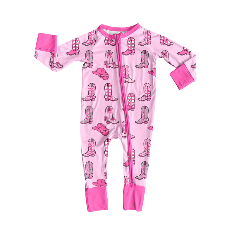 Preorder (moq 5)Baby Girls Pink Hats Floral Boots Western Two Way Zip Convertible Rompers