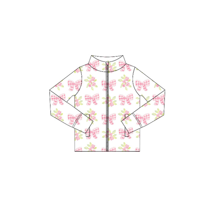 Preorder (moq 5)Baby Girls Long Sleeves Pink Plaid Bows Flowers Zipper Pockets Jackets Top